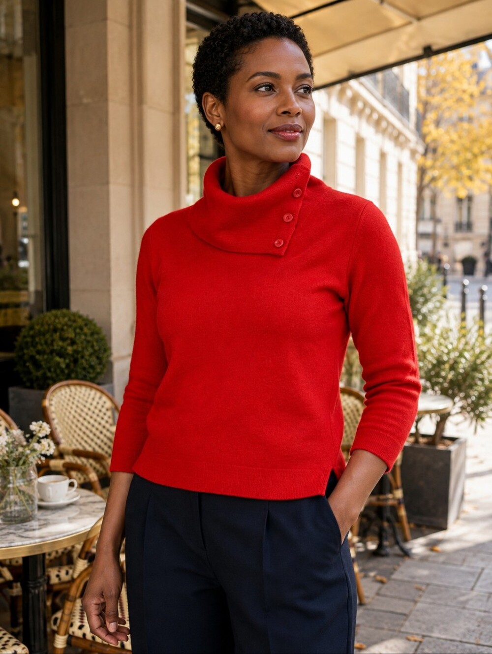 Jones New York 100% Cashmere Red Button Funnel Neck Sweater S